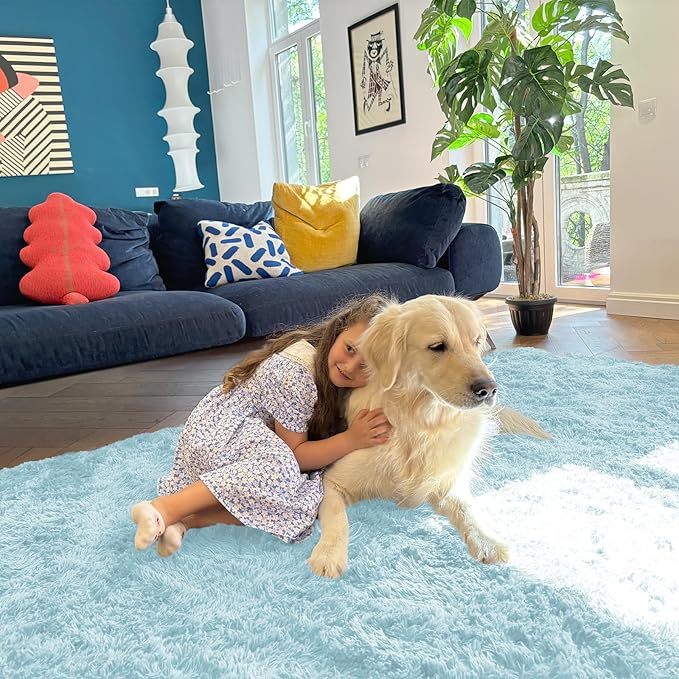 OLANLY 9x12 Machine Washable Large Area Rugs for Living Room, Bedroom, Soft Fluffy Shaggy Bedside Rug, Indoor Floor Carpet for Kids Girls and Boys, Dorms, Nursery, Home Decor Aesthetic, Light Blue