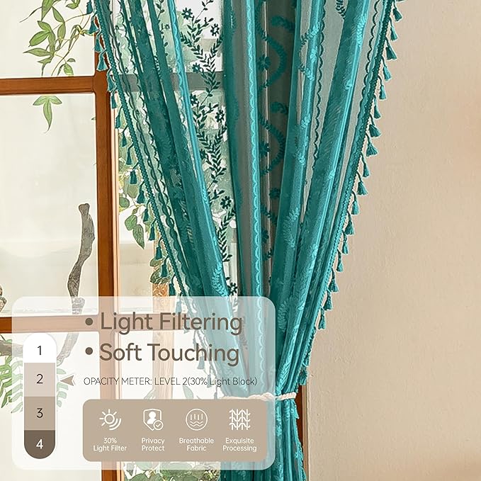 WAZZIO Boho Lace Curtains 2 Panels 45 Inch -Victorian Sheer Panel Drape French Country Floral Pattern & Tassel Light Filtering Privacy for Bedroom Dining Living Room,Coastal Decor,Teal,W52x L45