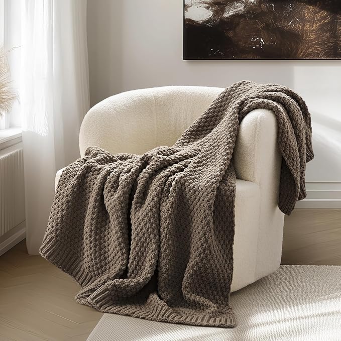 EVERGRACEHOME Chunky Chenille Knit Throw Blanket for Couch, Soft Luxurious Moss Stitch Blankets for Bed, Cozy Decorative Farmhouse Knitted Throws for Sofa, Mocha Brown, 50" x 60"