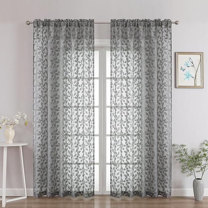 Chyhomenyc Charcoal Grey Sheer Curtains 84 Inch Length 2 Panels Set, Light Filtering Tufted Textured Soft Airy Rod Pocket Gentle Leaf Window Treatment Drapes for Bedroom Living Room, 52" Wx84 L, 2PCS