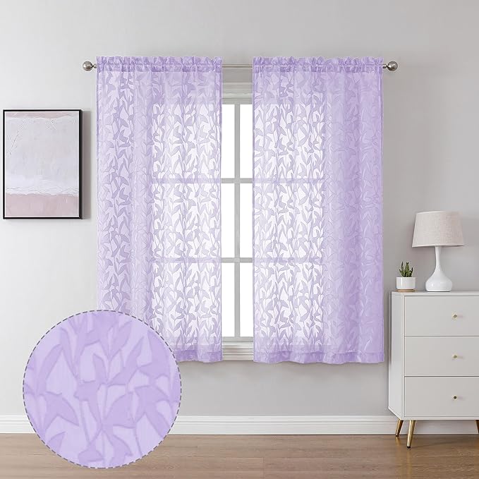 Lecloud Leia Light Purple Sheer Curtains 54 Inch Length 2 Panels, Light Reducing Jacquard Textured Leaf Voile Bedroom Drapes, Gauzy Clip Short Curtain Curtains with Dual Rod Pocket, 38x54 Inches