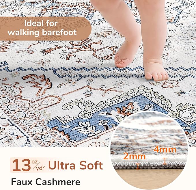 OPPODREAM Soft Neutral Area Rugs 9x12 Living Room, Washable Rugs 9x12 with Non Slip Backing, Faux Cashmere Low-Pile 9 x 12 Carpet, Cream White & Blue & Light Brown