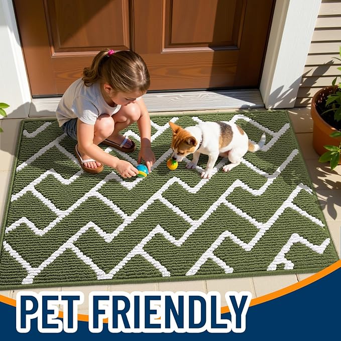OLANLY Front Door Mat, Non-Slip Rubber Backing, Dirt Resistant and Absorbent, Washable, Easy to Clean Low-Profile Indoor Doormat for Back Door, Entryway, Inside Entrance, 48x32, Green