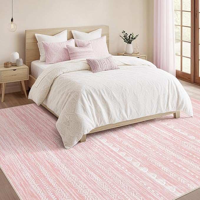 Nakagishi Pink Rugs for Bedroom Girls: 6x9 Washable Boho Large Neutral Cute Soft Area Rug Modern Indoor Floor Non Slip Accent Carpet for Living Room Nursery Kids Playroom Preppy Room Dorm Baby Room