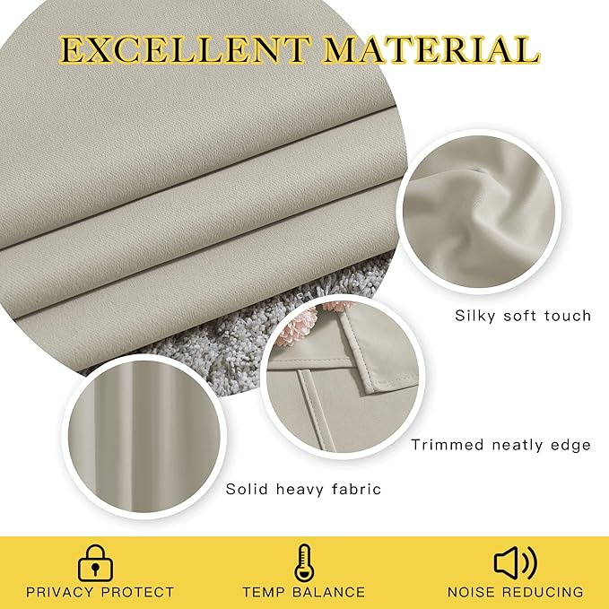 NICETOWN Room Darkening Curtains for Living Room, Grommet Window Treatment Thermal Insulated Solid Sound Reducing Drapes for Bedroom, Natural, Set of 2, W52 x L102