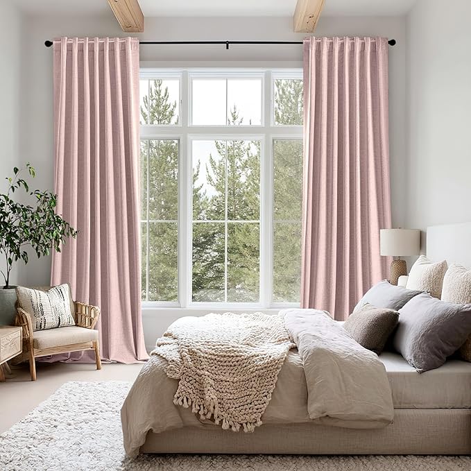 MIULEE 100% Blackout Linen Curtains for Bedroom, Pink Solid Luxury Decor Thermal Insulation Room Darkening Drapes for Living Room Nursery Back Tab Rod Pocket 42 x 84 Inches, 2 Panels