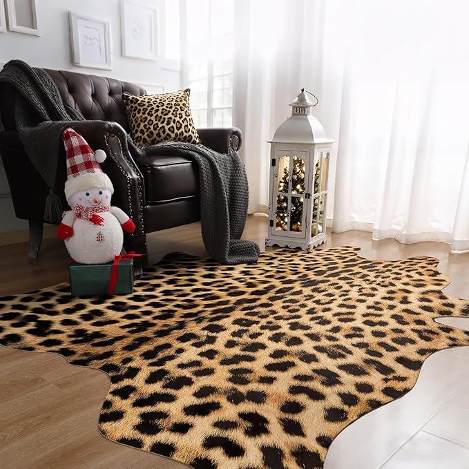 AROGAN Premium Leopard Print Rug 4.6x5.2 Feet, Machine Washable Faux Fur Cheetah Rug, Non-Slip Animal Print Hide Leopard Skin Area Rug for Bedroom Living Room Home Decor