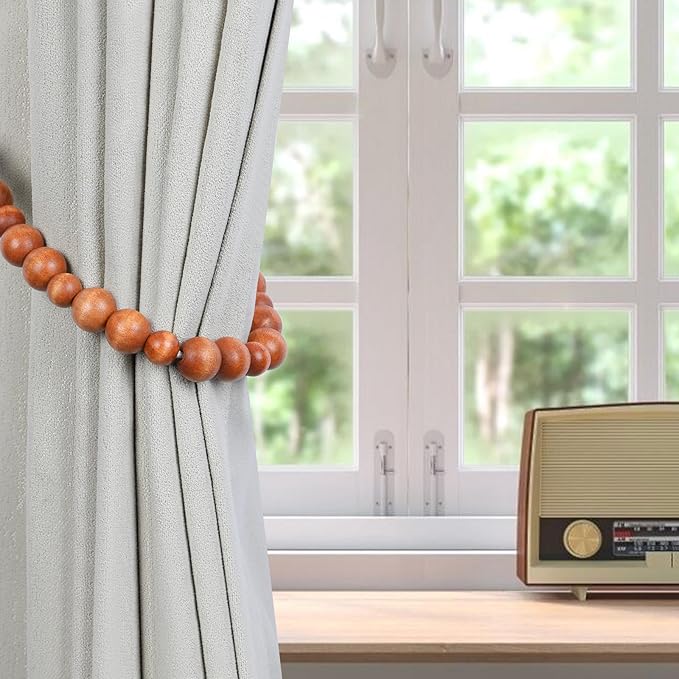 Wood Bead Curtain Tiebacks, KLOGTSIND Set of 6 Curtain Holdbacks for Thin or Thick Window Draperies, Boho Farmhouse Curtain Tiebacks with Hooks, Curtain Tie Backs for Home Office Room Decor