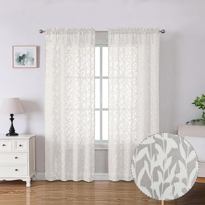 Lecloud Leia Living Room Ivory Sheer Curtains 72 Inch Length 2 Panels, Airy & Breathable Clip Textured Leaf Voile Bedroom Curtains, Dual Rod Pockets Jacquard Gauzy Window Drapes, 40 W x 72 L