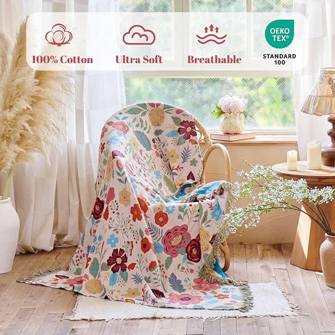 MSGKV Boho Throw Blanket for Bed Twin Size 100% Cotton Floral Blanket 60"x80" for Sofa Couch Muslin Spring Breathable All Seasons Lightweight Farmhouse Blankets Home Decor