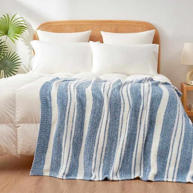 Snuggle Sac Knitted Throw Blanket for Couch, Reversible Super Soft Microfiber Blankets Warm Cozy Knit Fuzzy Plush Lightweight Throws for Sofa, Bed, Camping, Picnic, Stripe Blue, 50 x 60 inches