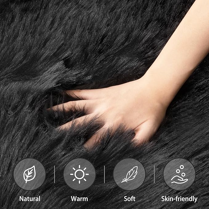 Ciicool Black Fur Fluffy Rug, 2x4 ft Small Faux Fur Rug for Bedroom, Washable Faux Sheepskin Rugs for Sofa Couch Seat Cushion, Thick Shaggy Furry Floor Carpets for Bedside Living Room