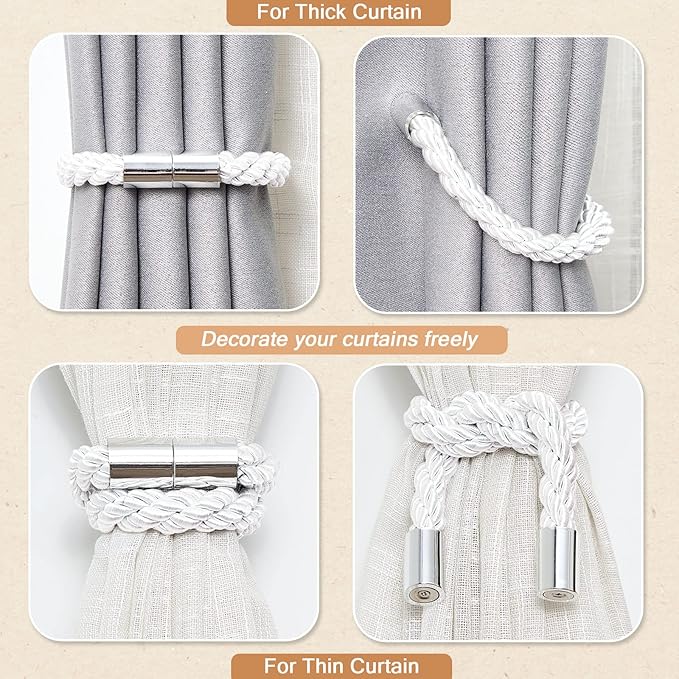NICEEC 4 Pack Strong Magnetic Curtain Tiebacks Modern Simple Style Drape Tie Backs Convenient Decorative Weave Rope Curtain Holdbacks for Thin or Thick Home & Office Window Draperies (Silver White)