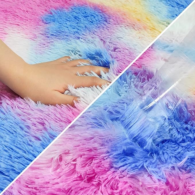 Fluffy Rainbow Colorful Rug for Living Room 6x9 Kawaii Rainbow Tie Dye Area Rug Fuzzy Indoor Floor Unicorn Rug for Bedroom Girls Kids Nursery Baby Princess Room Dorm Home Decor Aesthetic Carpets