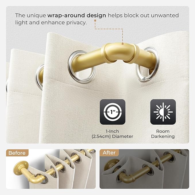 Zeerobee Curtain Rods for Windows 144 to 168, 1 Inch Industrial Wrap Around Gold Curtain Rod, Indoor/Outdoor Room Divider Adjustable Drapery Pole, 144"-168"
