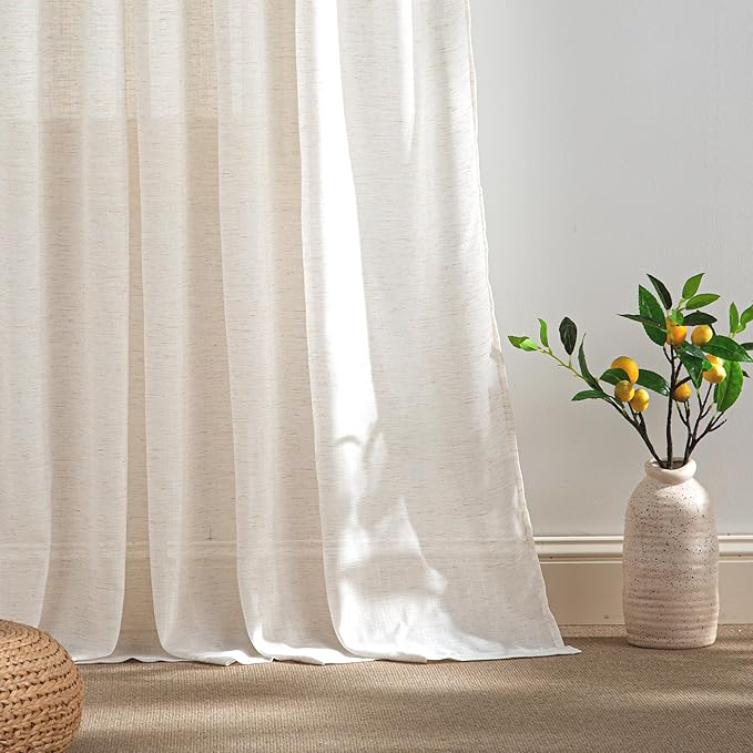 RYB HOME Sheer Linen Curtains Extra Long Light Airy Privacy Protected High Ceiling Window Curtains for Bedroom Living Room, Rod Pocket & Back Tab, Ivory, W 52 x L 120 inch, Set of 2
