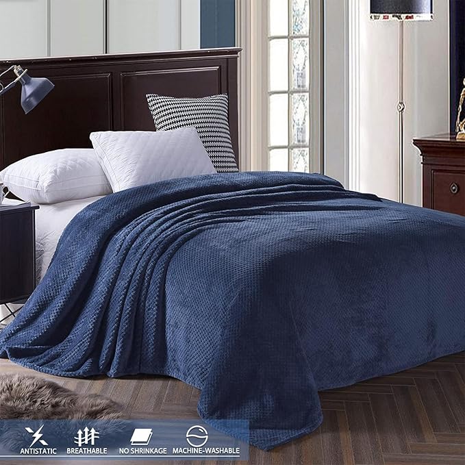 Exclusivo Mezcla Fleece Bed Blanket Twin Size, Super Soft and Warm Blankets for Couch, Sofa and Bed Waffle Textured, Cozy, Fuzzy and Lightweight (Navy Blue, 60x80 inches)