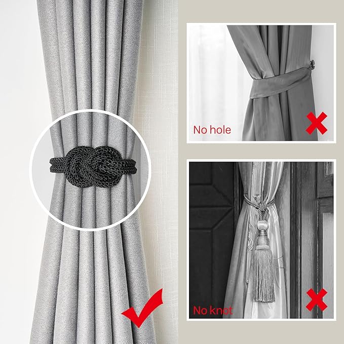 NICEEC 2 Pack Mini Magnetic Curtain Tiebacks Nordic Simple Style Drape Tie Backs Elegant Hand Weave Rope Knot Decorative Curtain Holdbacks for Home & Office Thin Window Drapery (Black)