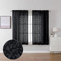 Lecloud Leia Jacquard Textured Black Semi Sheer Curtains 45 Inch Length 2 Panels, Balance Light & Privacy Clip Leaf Voile Curtain for Living Room, Dual Rod Pockets Bedroom Short Drapes, 38x45 Inches