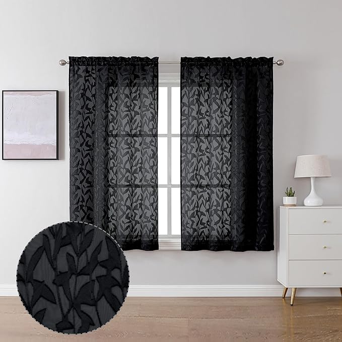 Lecloud Leia Jacquard Textured Black Semi Sheer Curtains 45 Inch Length 2 Panels, Balance Light & Privacy Clip Leaf Voile Curtain for Living Room, Dual Rod Pockets Bedroom Short Drapes, 38x45 Inches