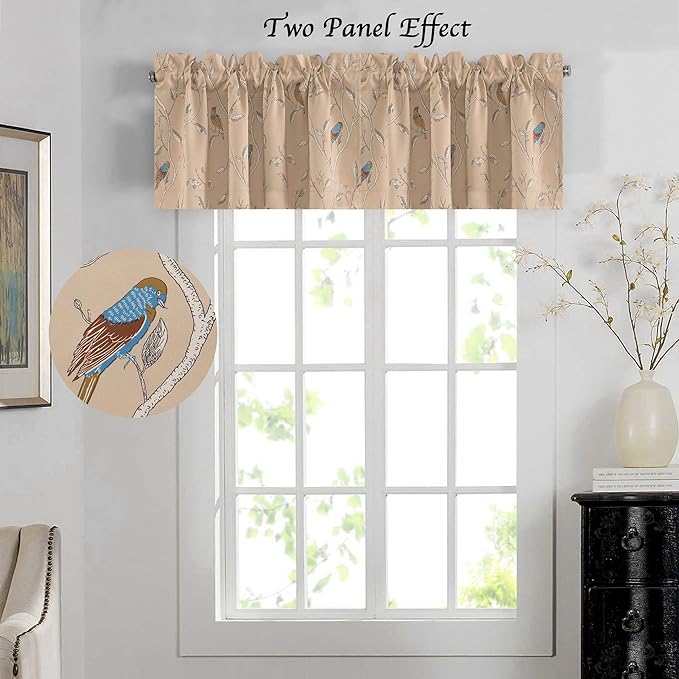 H.VERSAILTEX Blackout Curtain Valances for Kitchen Window/Living Room/Bathroom Privacy Added Rod Pocket Home Decoration Winow Valance, 52" W x 18" L, Birds in Taupe