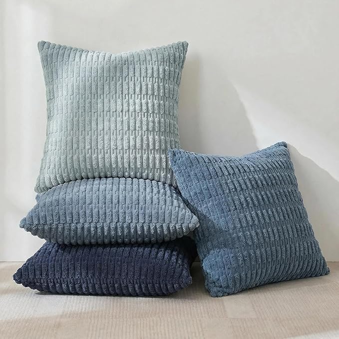 Fancy Homi Set of 4 Blue Decorative Throw Pillow Covers 18x18 Inch for Couch Bed Chair, Modern Farmhouse Boho Room Decor, Soft Fuzzy Corduroy Textured Striped Coastal Blue Cushion Case 45cm