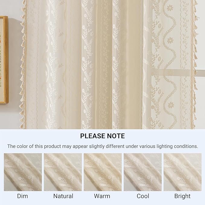 WAZZIO Boho Lace Curtains 2 Panels 96 Inches -Cute Vintage Victorian Sheer Panel Drape French Country Floral Pattern & Tassel Light Filtering Privacy for Bedroom Dining Living Room,Beige,W52x L96