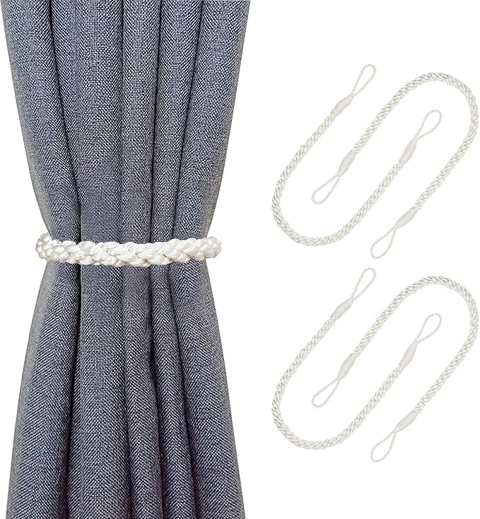 Curtain Tiebacks Ropes, 4pcs Decorative Handmade Tie Backs Curtain Holdbacks Holders Cord for Window Sheer Drapes Indoor Outdoor, Ivory White