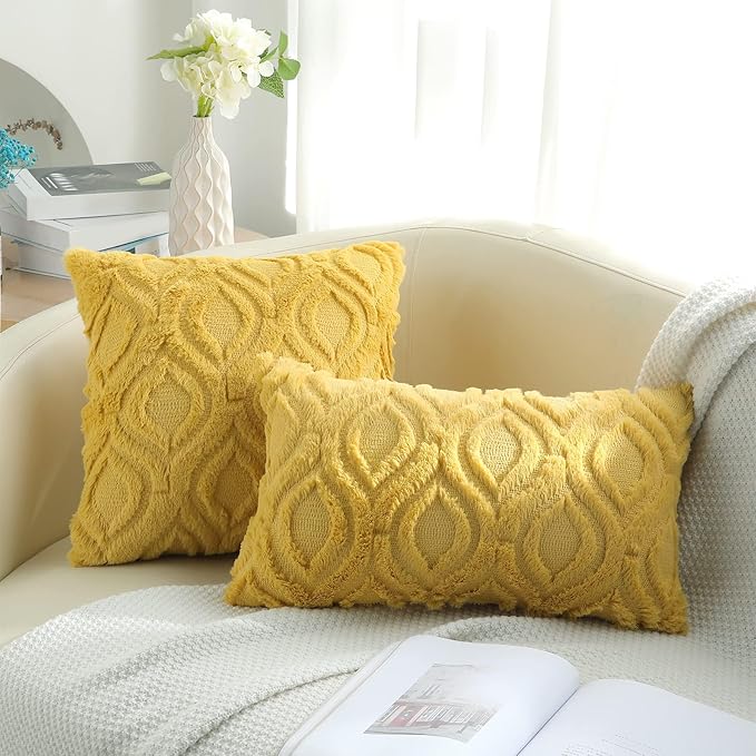 decorUhome Summer Throw Pillow Covers 16x16 Inch Set of 2, Soft Plush Faux Wool Mustard Yellow Solid Couch Pillow Covers, Accent Farmhouse Neutral Square Pillow Cases for Sofa Bed Living Room
