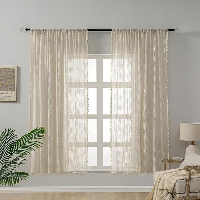 WAZZIO Boho Lace Curtains 63 Inches 2 Panel,Light Filtering Privacy Tassel & Geometry Crochet Semi Sheer Curtain Drapes for Bedroom Living Dining Room,Rod Pocket & Tassel,Vintage French Country,Beige