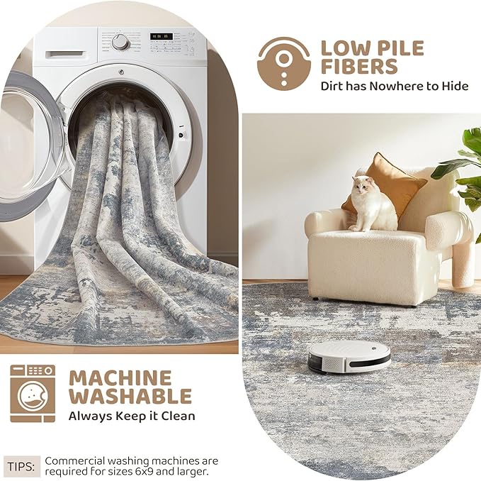 UERMEI 10x12 Area Rug Living Room Rugs - Washable Neutral Modern Abstract Soft Thin Large Rug Indoor Floor No Slip Rug Carpet for Bedroom Under Dining Table Home Office Decor - Blue Grey