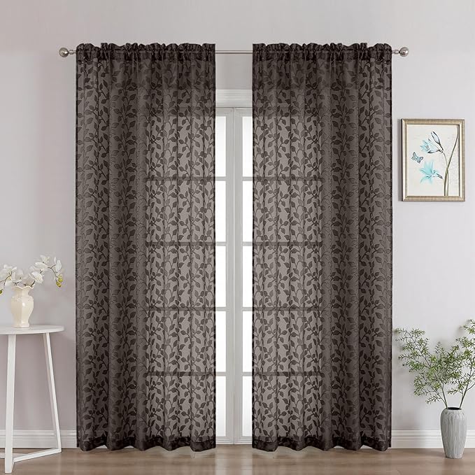 Chyhomenyc Chocolate Sheer Curtains 84 Inch Length 2 Panels Set, Light Filtering Tufted Textured Soft Airy Rod Pocket Gentle Leaf Window Treatment Drapes for Bedroom Living Room, 52" Wx84 L, 2PCS