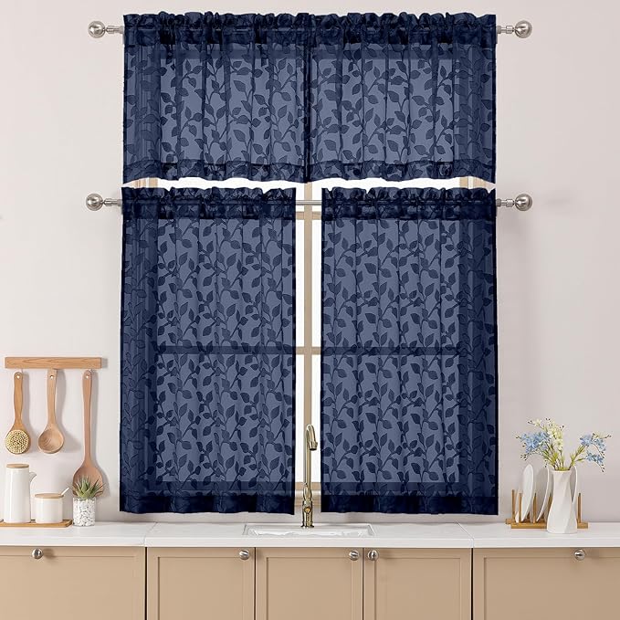 Chyhomenyc Navy Blue Sheer Valances for Windows 18 Inch Length 2 Pcs, Light Filtering Leaf Textured Cafe Short Kitchen Curtains, Top Small Curtain for Living Room Bedroom Basement, 42" W x 18" L