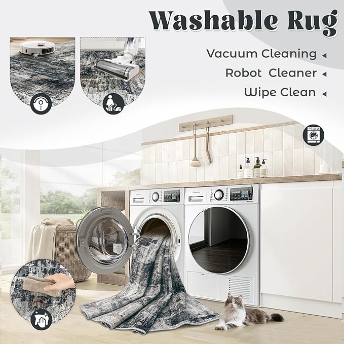 2x7 Runner Rug for Hallway, Washable Modern Abstract Runner Rugs Neutral Soft Non Slip Kids Rug Stain Resistant Indoor Runners for Entryway Bedroom Kitchen Laundry Room(BlackGrey, 2'x7')