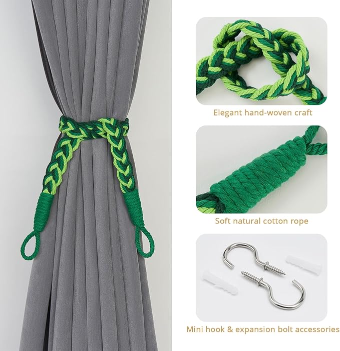 NICEEC 4 Pack Natural Cotton Rope Curtain Tiebacks Elegant Boho Style Decorative Drape Tie Backs Soft Hand-Woven Rope Curtain Holdbacks with Metal Hook for Home & Office Drapery (Gradient Green)