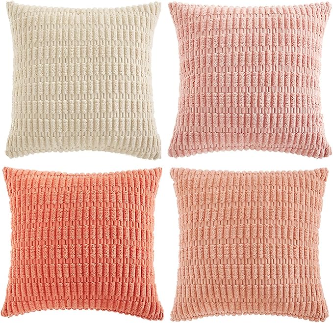 Fancy Homi 4 Packs Blush Pink Decorative Throw Pillow Covers 18x18 Inch for Living Room Couch Bed Sofa, Soft Plush Striped Corduroy Square Light Pink Coral Peach Cream Colorful Cushion Case 45x45 cm