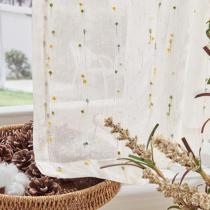 jinchan Valance Curtains for Windows 16 Inch Colorful Mini Pom-Pom Country Farmhouse Kitchen Valance Semi Sheer Voile Samll Window Treatment for Bedroom Living Room Rod Pocket 1 Panel Sunlit Grove