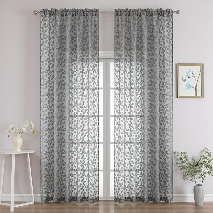 Chyhomenyc Charcoal Grey Sheer Curtains 96 Inch Length 2 Panels Set, Light Filtering Tufted Textured Soft Airy Rod Pocket Gentle Leaf Window Treatment Drapes for Bedroom Living Room, 52" Wx96 L, 2PCS