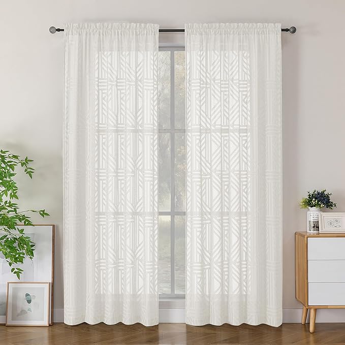 Simplebrand Semi Sheer Ivory Curtains 84 Inches Long 2 Panels, Light Filtering Geometric Jacquard Clip Textured Sheer Curtains for Bedroom，Modern Elegant Window Curtains Drapes，52x84 inch