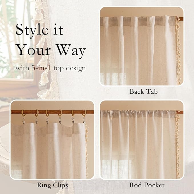 MYSKY HOME Boho Cream Curtains with Macrame 72 Inch Length, Semi Sheer Drapes for Living Room Privacy Protect Rustic Farmhouse Style Back Tab for Doorways, 50" x 72", Natural，2 Panels