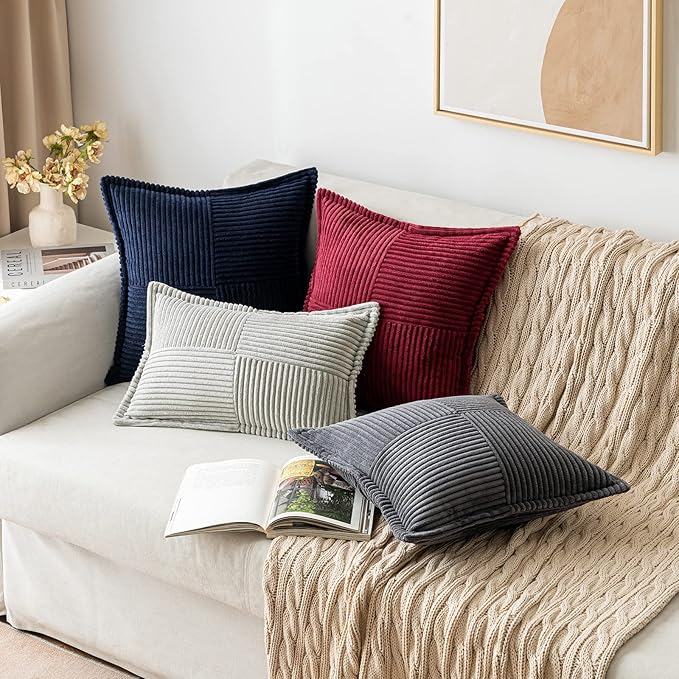 MIULEE Decorative Throw Pillow Covers for Couch Bed Livingroom 20x20 Inch Set of 2 Dark Grey Boho Accent Throw Pllows Broadside Striped Patchwork Soft Corduroy Pillowcases