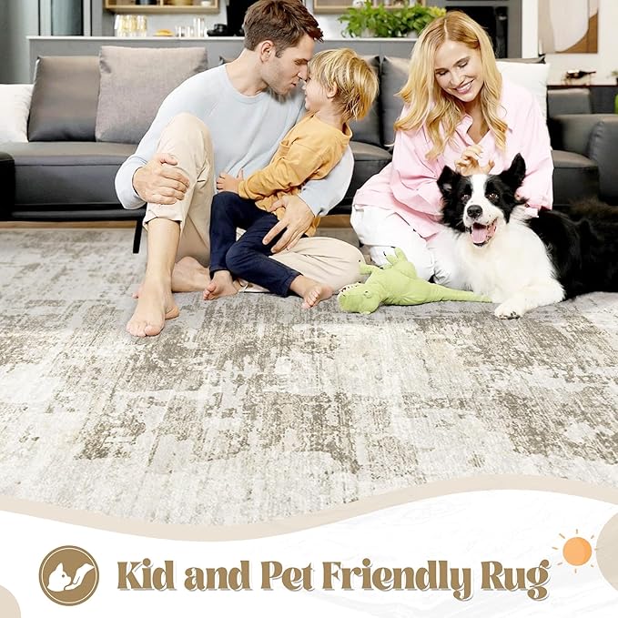 XLUEZ 5x7 Area Rugs for Living Room, Washable Modern Abstract Large Area Rug Neutral Soft Non Slip Kids Rug Stain Resistant Indoor Carpet for Bedroom Nursery Dining Room Playroom(BeigeBrown, 5'x7')