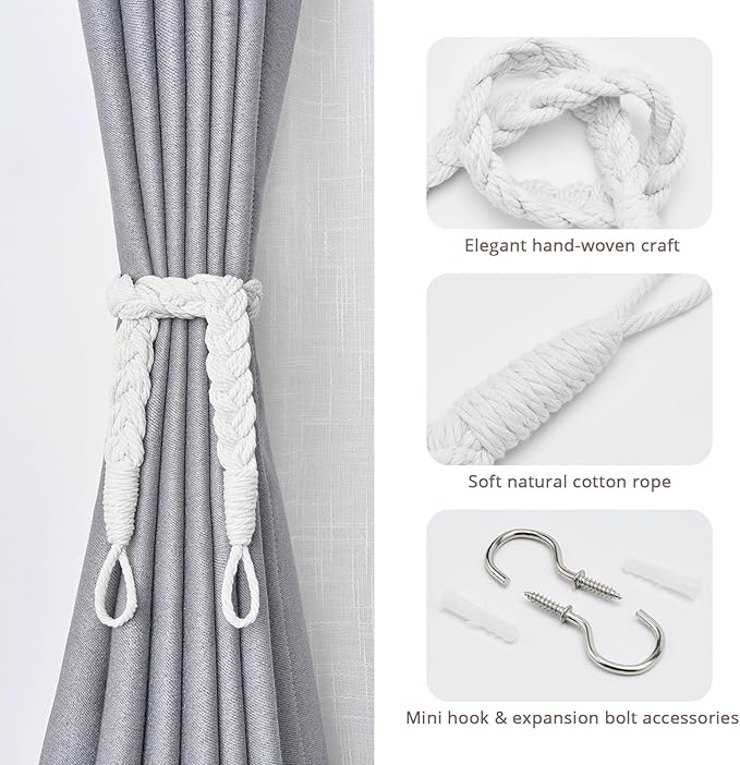 NICEEC 4 Pack Natural Cotton Rope Curtain Tiebacks Elegant Boho Style Decorative Drape Tie Backs Soft Hand-Woven Rope Curtain Holdbacks with Metal Hook for Home & Office Drapery (White)