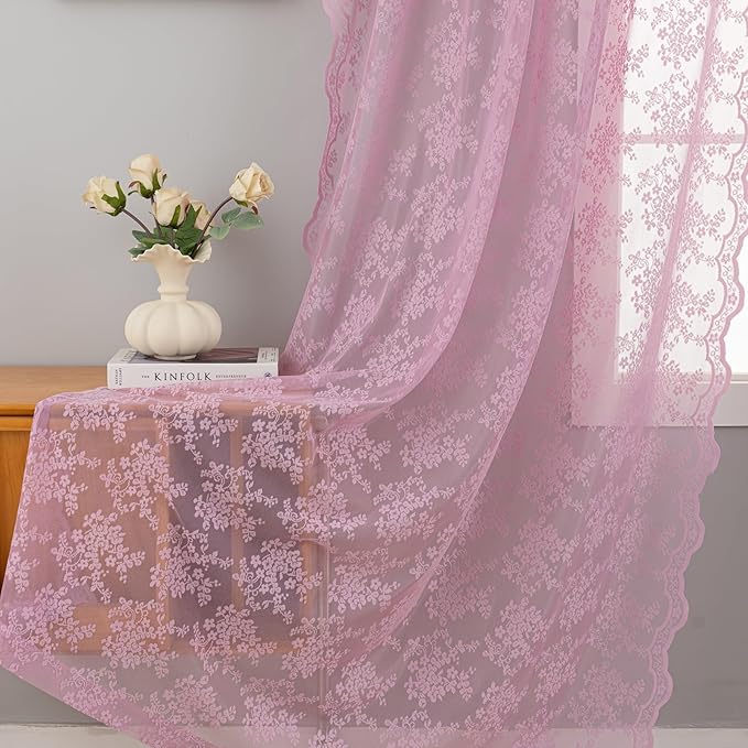 YJ YANJUN Vintage Lace Curtains 63 Inch Length-Victorian Floral Pattern Lilac Sheer Curtain Panels for Living Room Bedroom,Light Filtering, Cute Girls Drapes 2 Panels 52W x 63L Purple Blush