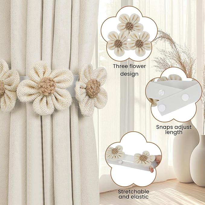 KLOGTSIND Flower Curtain Tiebacks, 4 Pack Boho Curtain Ties Elegant Three Flower Curtain Holdbacks, Decorative Window Treatment Tie Backs for Cute Bedroom Decor, Girl Nursery Decor, Farmhouse Decor
