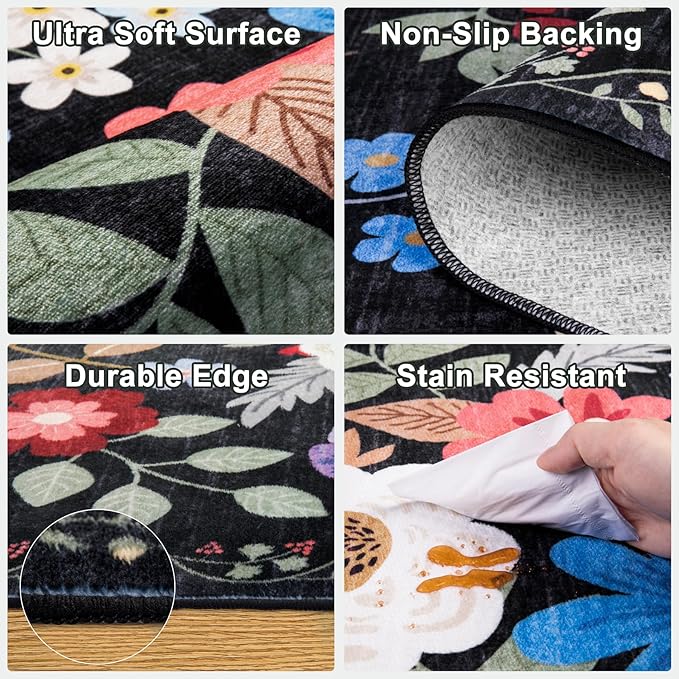 Area Rugs 9x12 Living Room: Floral Washable Rug Vintage Large Soft Boho Non-Slip Carpet Indoor Floor Stain Resistant Low Pile Carpets for Bedroom Dining Room Farmhouse Nursery Home Office Black