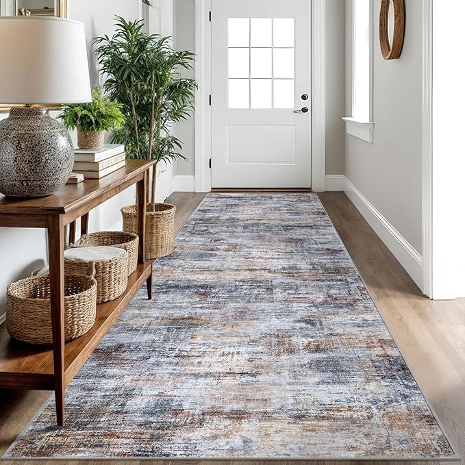 IOHOUZE Abstract Runner Rug 3x10 Ft Washable Runners for Hallways, Non Slip Kitchen Runner Printed Faux Wool Entryway Runner Indoor, Modern Abstract Floor Carpet for Hall Bedroom, Orange Grey