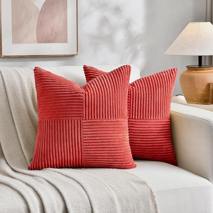 Fancy Homi 2 Packs Red Decorative Throw Pillow Covers 22x22 Inch for Living Room Couch Bed Sofa, Holiday Christmas Home Decor Gift, Soft Corss Corduroy Patchwork Accent Square Cushion Case 55x55 cm