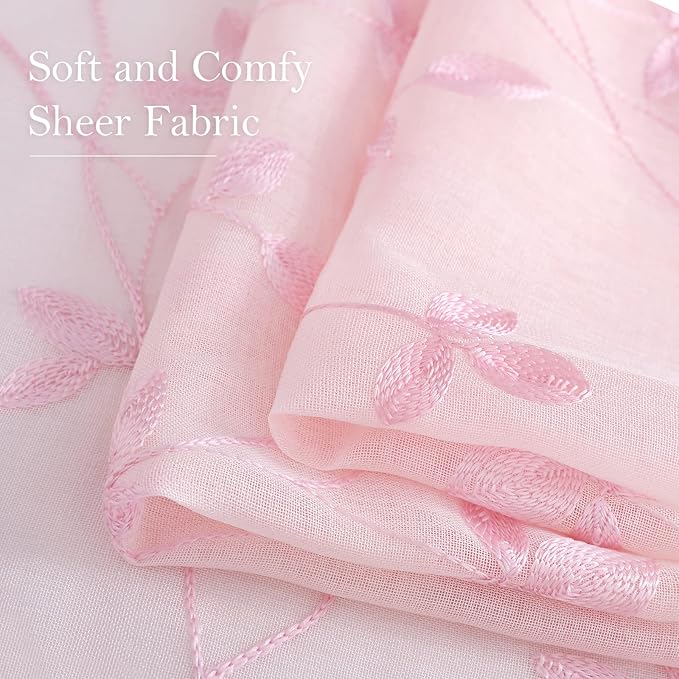 HOMEIDEAS Pink Sheer Curtains 52 X 84 Inches Length 2 Panels Embroidered Vine Floral Pattern Pocket Faux Linen Semi Sheer Voile Window Drapes for Bedroom Living Room