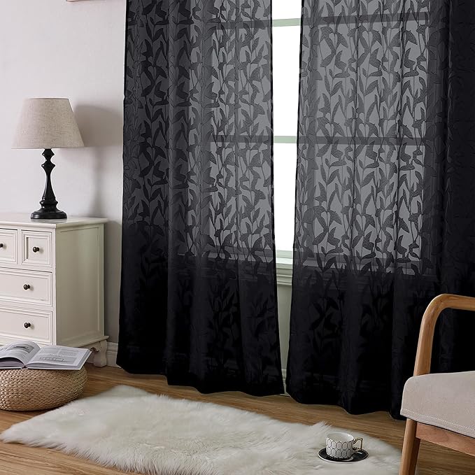 Lecloud Leia Living Room Black Sheer Curtains 72 Inch Length 2 Panels, Airy & Breathable Clip Textured Leaf Voile Bedroom Curtains, Dual Rod Pockets Jacquard Gauzy Window Drapes, 38x72 Inches